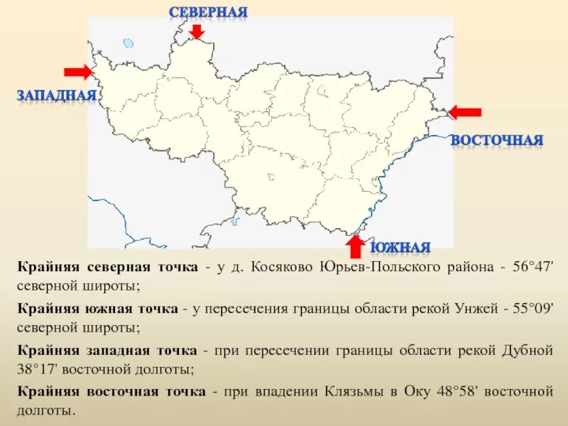 Область точки. Крайние точки Владимирской области на карте. Крайние точки Владимирской области. Географическое положение Владимирской области. Крайние точки Владимирской области и их координаты.