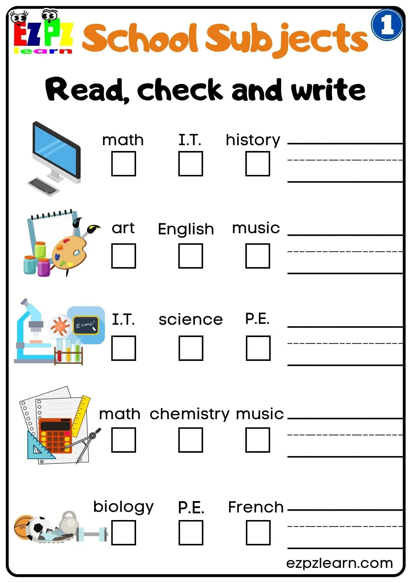 Worksheets. School and School subjects reading. ESL Worksheets for Kids easy reading. School subjects Worksheets for Kids.