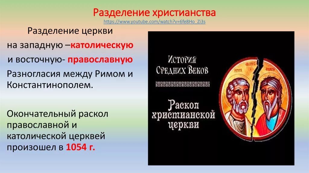 Разделение церквей 1054 6 класс. Раскол христианства в средневековье. Разделение христианской церкви на восточную и западную. Раскол христианства на Православие и католичество