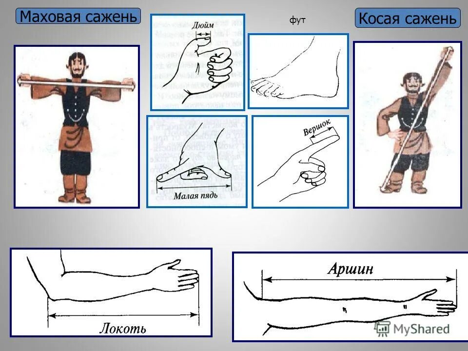 Мера человек 5. Косая Аршин сажень вершок. Аршин локоть сажень. Единицы измерения пядь локоть сажень. Локоть сажень Аршин пядь вершок.