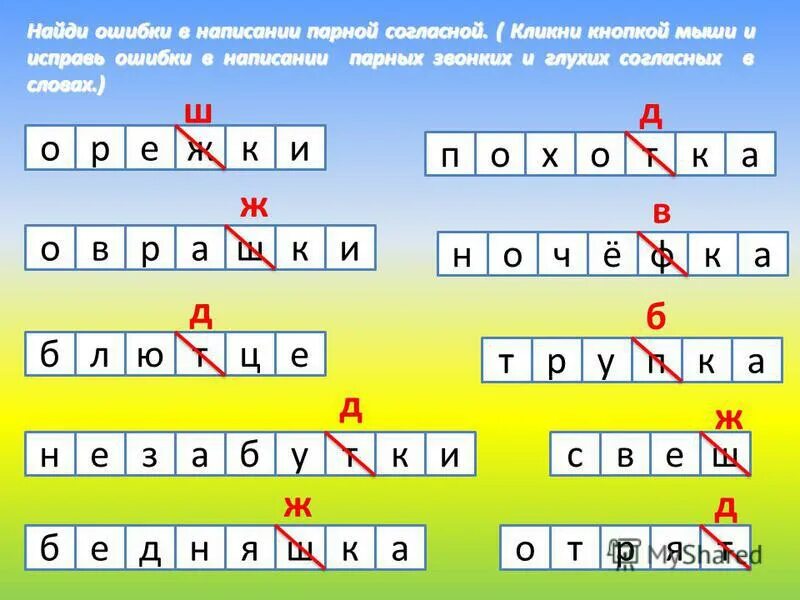 Исправь ошибки. Парные звонкие и глухие согласные в корне слова. Ошибка парные согласные. Ошибка парные согласные. Задание найди парные согласные.