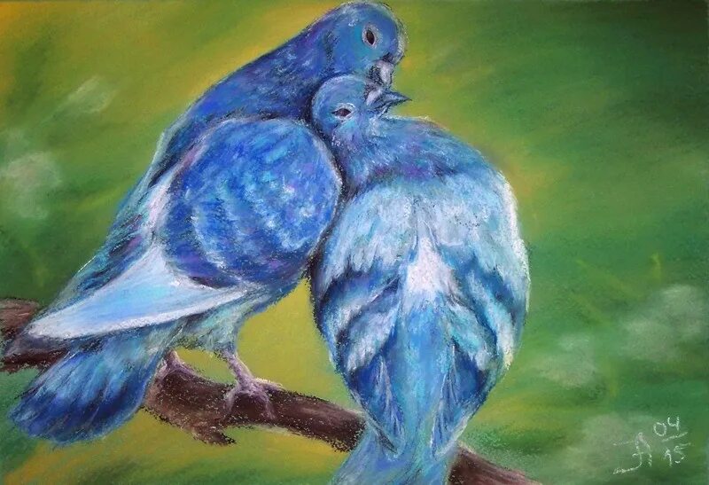 Две синие птицы. Птицы пастелью. Рисунки пастелью. Птицы живопись акрил. Голубь картина.