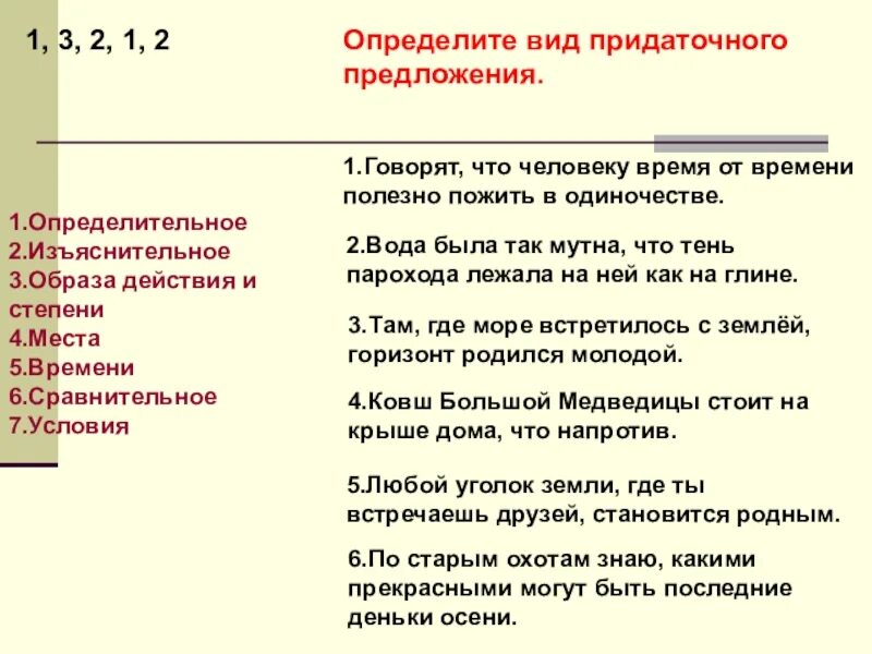 Определите вид придаточного надо поймать тот час. Говорят что человеку время от времени полезно пожить в одиночестве. Предложение разговаривать. Вода была так мутна что тень парохода лежала на ней Тип придаточного. Он сказал что времени мало вид придаточного предложения.