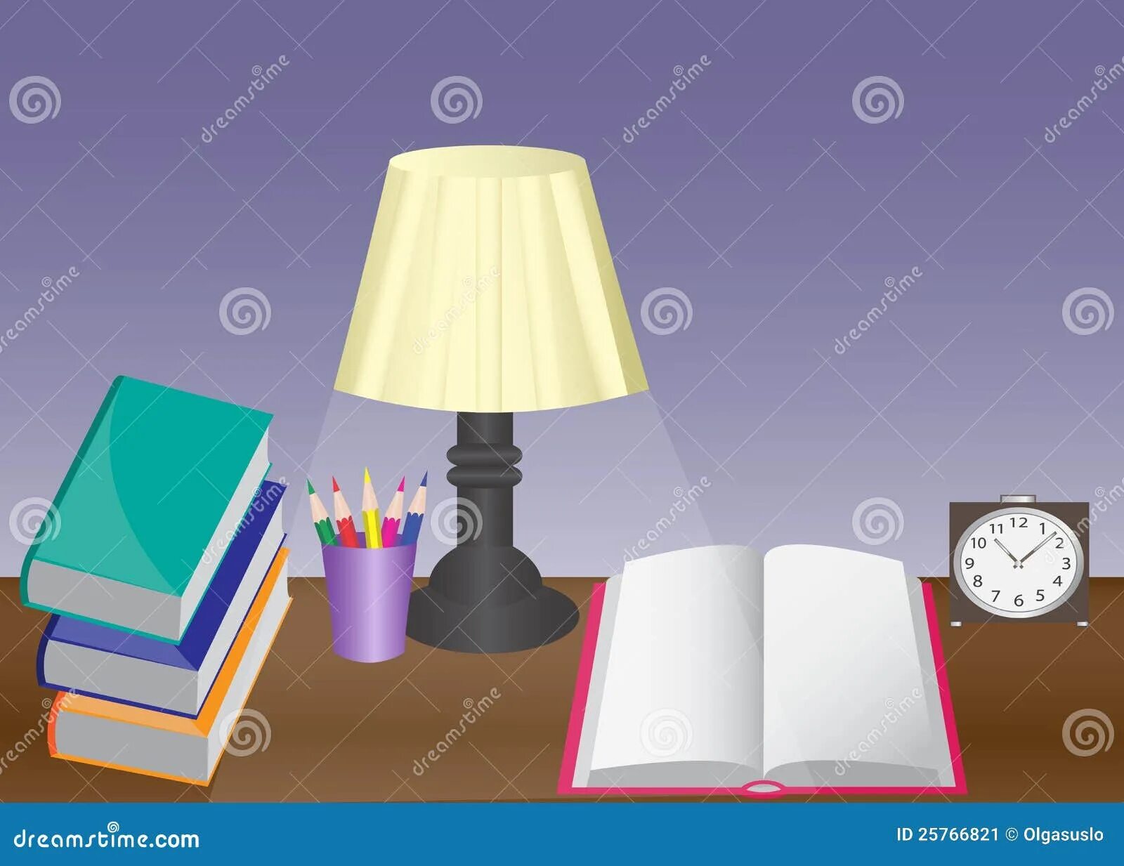 The lamp is on the desk