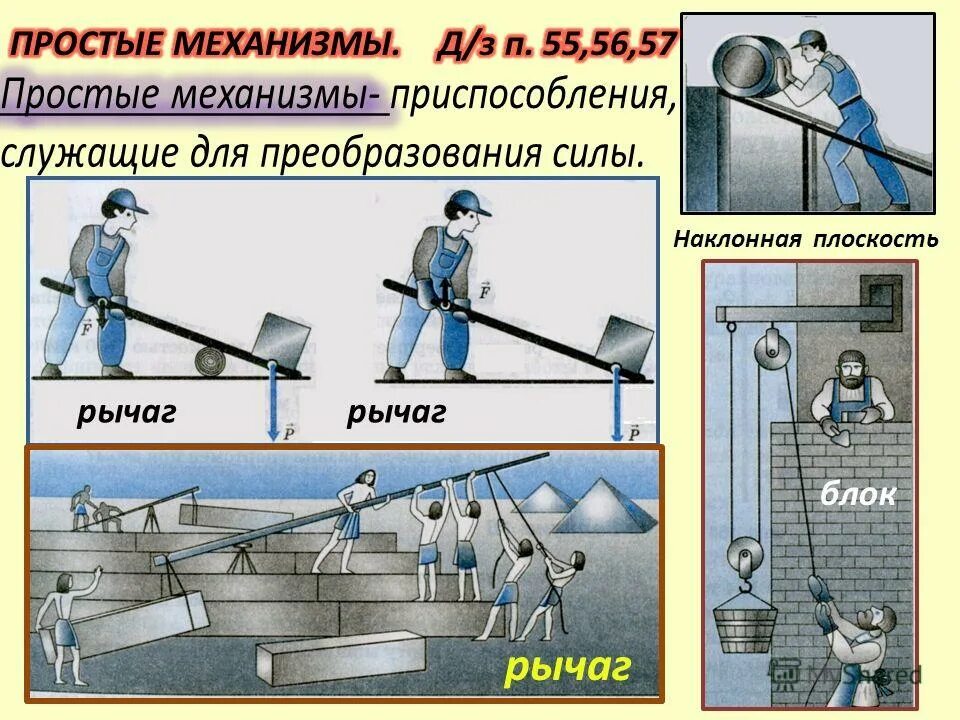 Простые механизмы рычаг блок наклонная плоскость. Рычаг, блок, ворот, Наклонная плоскость, Клин, винт.. Блок и рычаг простые механизмы. Блоки Наклонная плоскость физика 7.