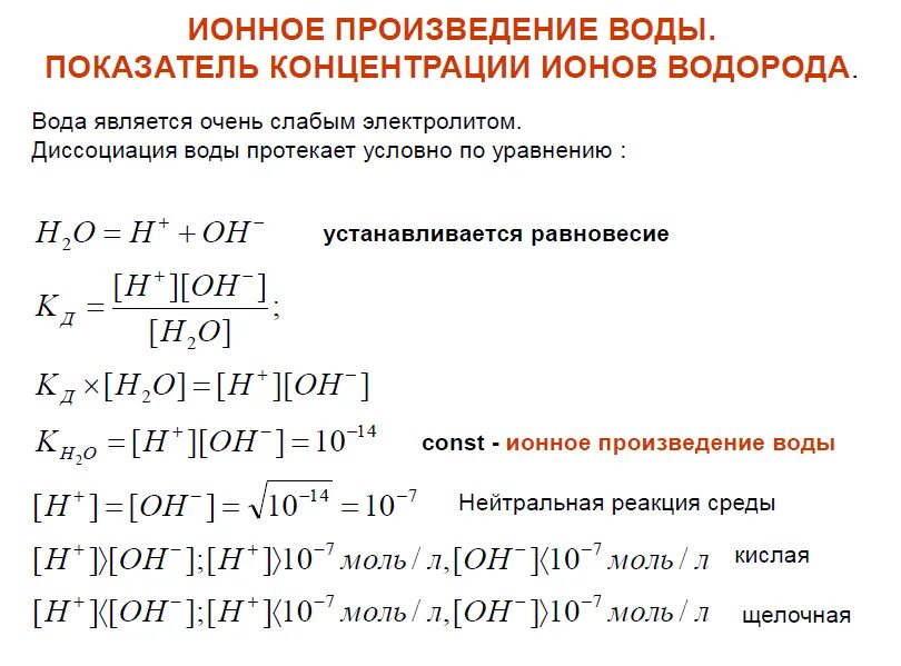 Вода ионное произведение воды водородный показатель. Формула расчета ионного произведения воды. Константа ионного произведения воды. Ионное произведение воды. Водородный и гидроксидный показатели.. Константы произведения растворимости