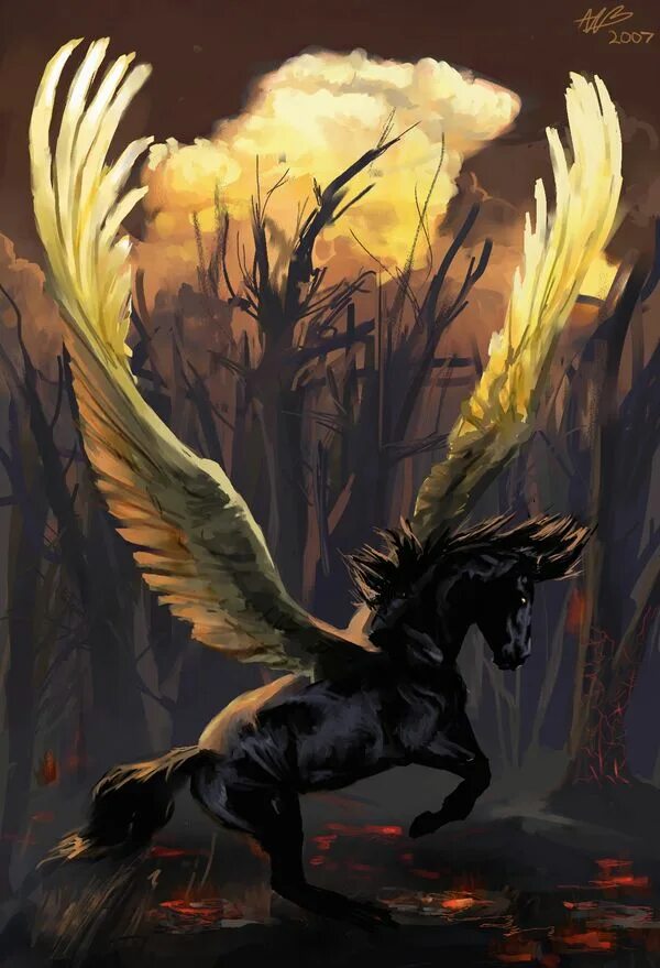 Отец крылатого коня пегаса. Пегас мифическое существо. Пегас арт фэнтези. Крылатые Мифические существа. Черная лошадь с крыльями.