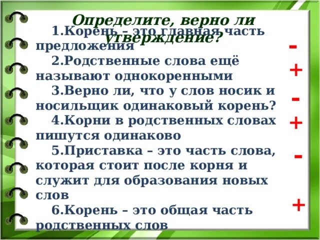 Верные утверждения о корне