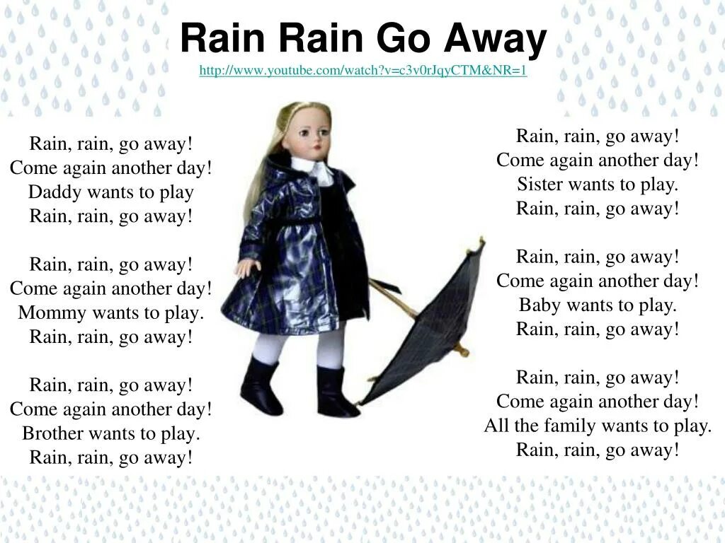 Песня rain rain rain на русском. Стихотворение Rain Rain go away. Песня Rain Rain go away. Стих Rain Rain go away. Стихи про дождь на английском для детей.