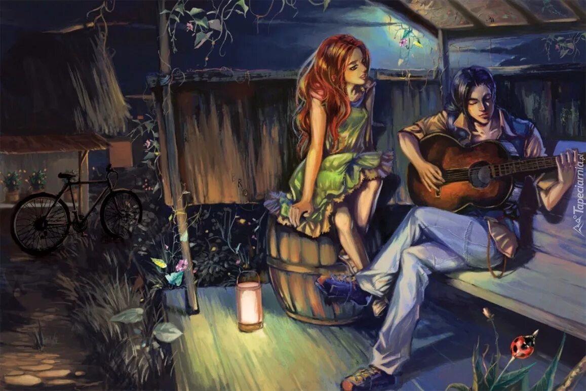 Слушать лучшие рассказы на ночь. Романтичные иллюстрации. Арты. Парень с гитарой и девушка. Девушка с гитарой фэнтези.