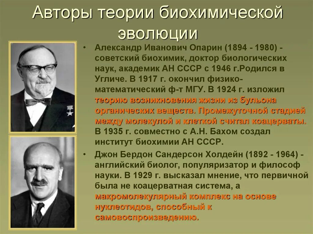 Один из авторов абиогенного происхождения жизни. Опарин биохимическая Эволюция. Гипотеза биохимической эволюции Автор. Теория биохимической эволюции Холдейн. Автор гипотезы биохимической эволюции Опарина Холдейна.