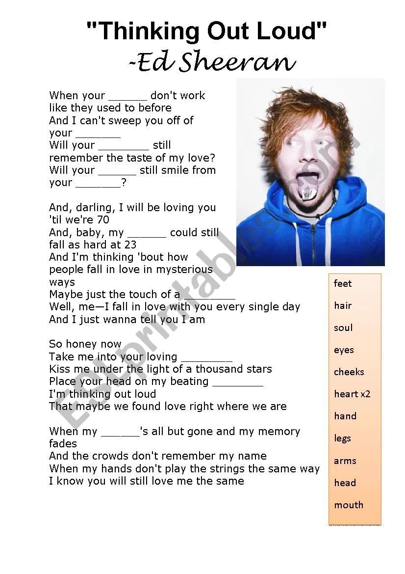 Thinking out Loud Эд Ширан. Ed Sheeran Worksheets. Эд Ширан thinking out Loud текст. Ed Sheeran body.