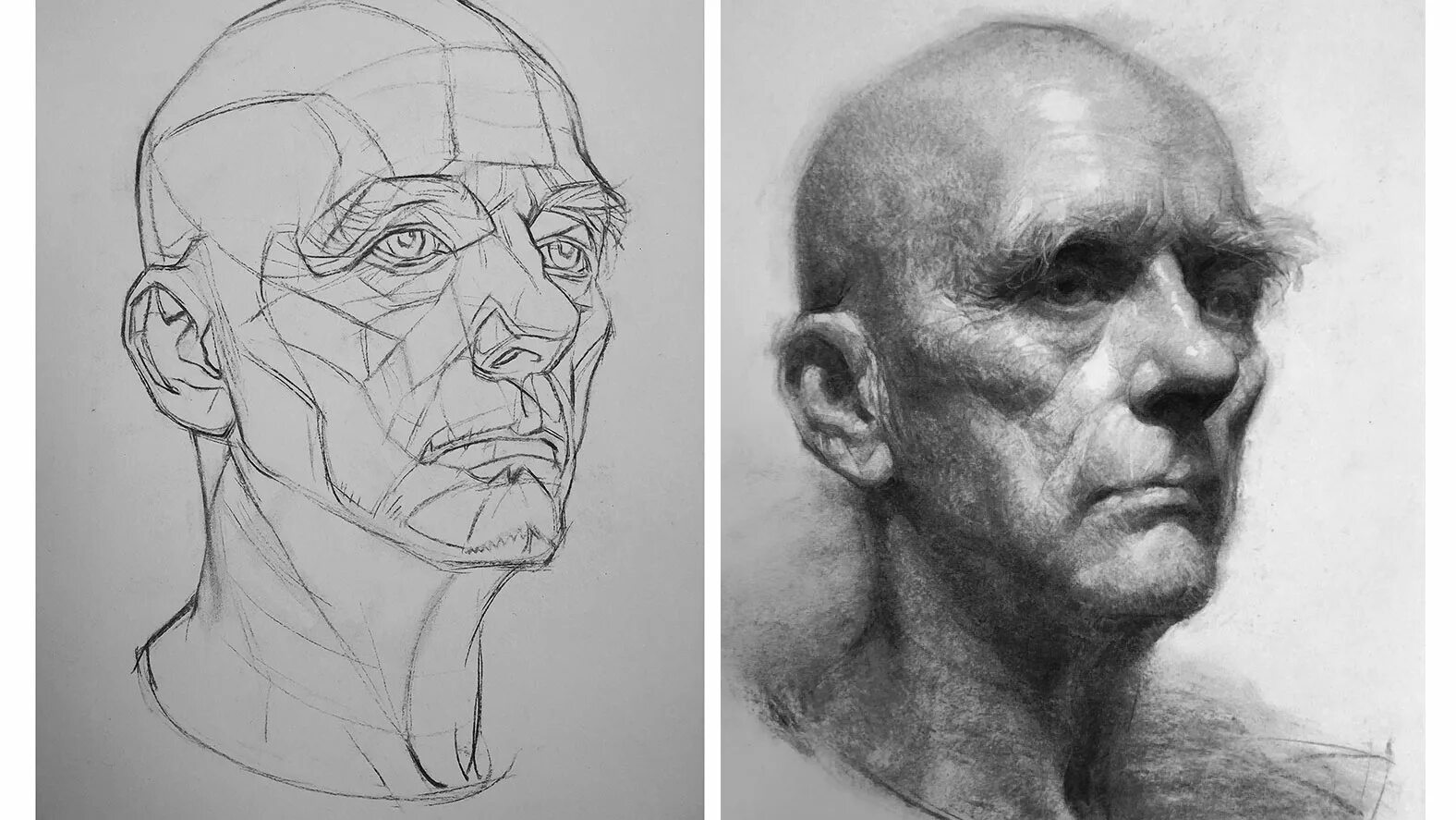 Рассматривая два снимка или портрета одного человека. Портрет в разных ракурсах. Портрет человека в ракурсе. Наброски головы человека.