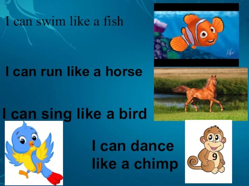 I like to be a fish. Can Swim. I can Swim like a Fish. I can Run like a. A Horse can Run на уроке английского языка.