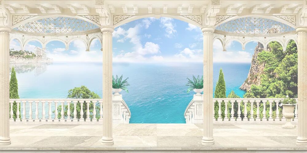 3д арка. Касабелла фрески. Фреска с колоннами. Колонны с видом на море. Фреска балкон с видом на море.