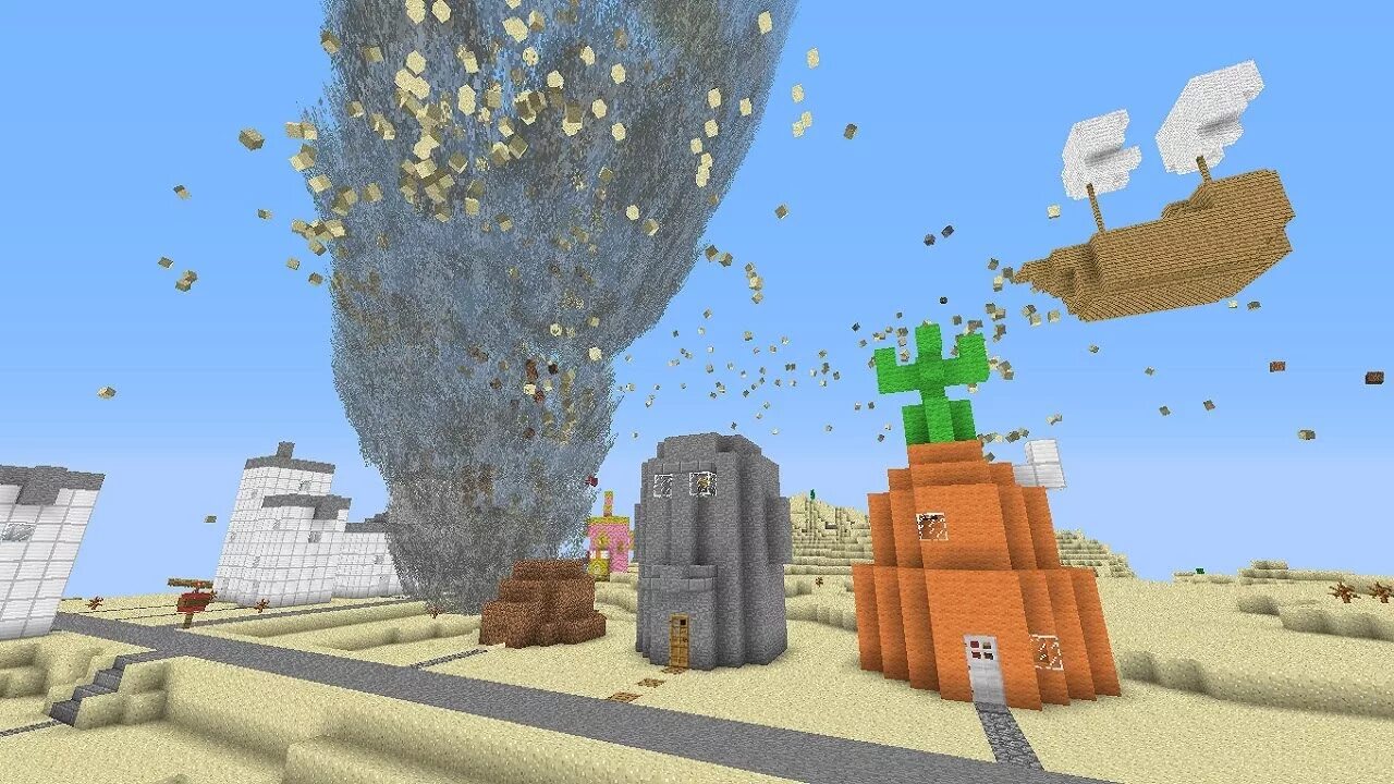 Spongebob minecraft. Бикини Боттом майнкрафт. Карта бикини Боттом для майнкрафт. Бикини ботом в МАЙНКРАФТЕ. Торнадо майнкрафт.