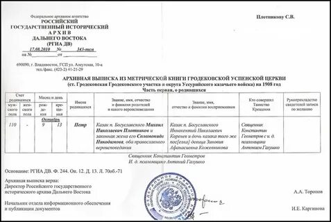 Выписка из архивной книги