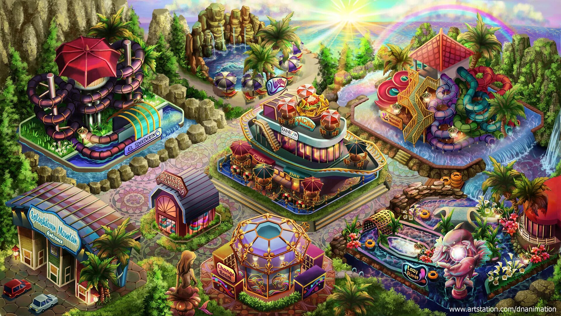 Game map. Fantasy Waterpark Art. Comic game Map. Wallpaper 3d Forest and Waterpark.