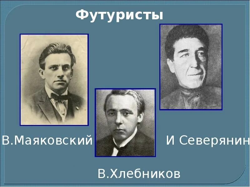 Русская поэзия серебряного века 9 класс. Маяковский и Хлебников футуристы. Северянин футурист. Северянин и Маяковский футуристы. Хлебников Северянин Маяковский.