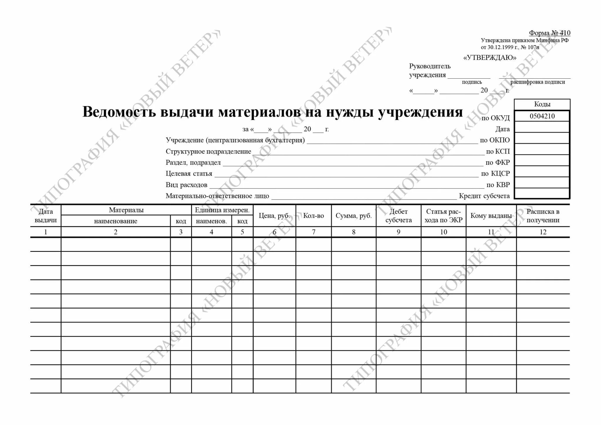 Ведомость выдачи материальных ценностей на нужды учреждения 410. Типовая форма 410 ведомость выдачи материалов на нужды учреждения. Ведомость выдачи форма 410 по ОКУД. Раздаточная ведомость выдачи материальных ценностей. Выдача расходных материалов