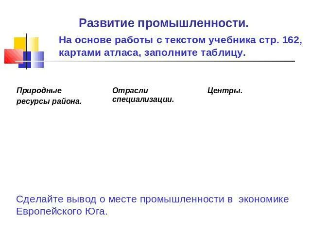 Вывод о промышленности европейского Юга. Развитие промышленности европейского Юга. Сделайте вывод о месте промышленности в экономике европейского Юга. Вывод о экономическом развитии европейского Юга. Хозяйство европейского юга презентация 9 класс