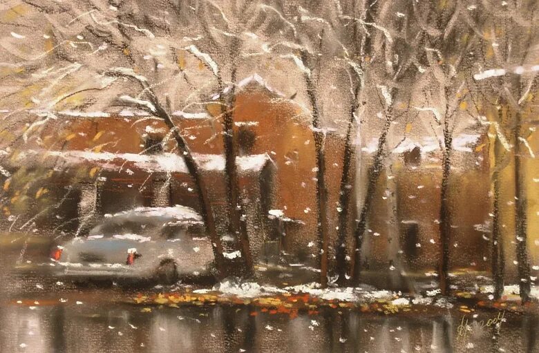 За окном дождь тает первый снег песня. Первый снег в городе живопись. Дождь со снегоживопись. Дождь со снегом живопись. Первый снег картины художников.