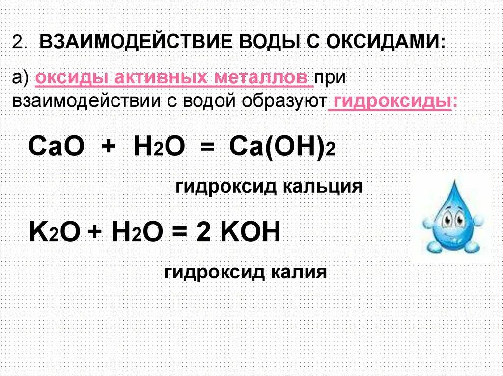 При взаимодействии каких пар образуется гидроксид кальция. Взаимодействие оксидов с водой. Взаимодействие с оксидами активных металлов. Оксид калия и вода. Взаимодействие активных металлов с оксидов активных металлов с водой.