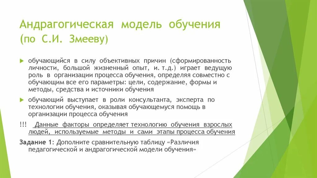 Модели обучения взрослых. Андрагогическая модель обучения.