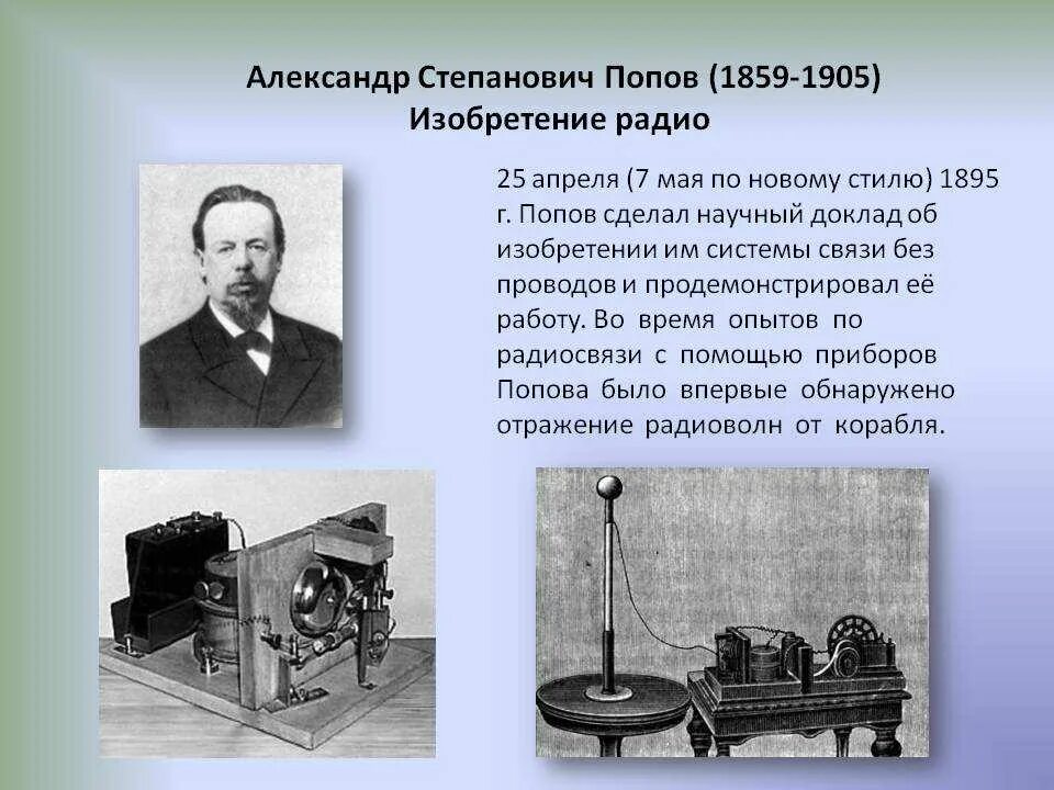 1895 Г. – изобретение а. с. Поповым радиосвязи.. 1895 Попов изобрел.