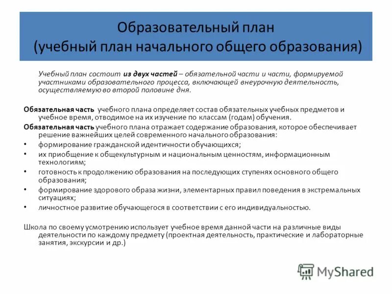 Кем утверждаются образовательные программы общего образования. Учебный план обязательная часть и часть формируемая участниками. Порядок разработки утверждения образовательной программы. Учебный план состоит из обязательной и формируемой части. Типы учебных планов.