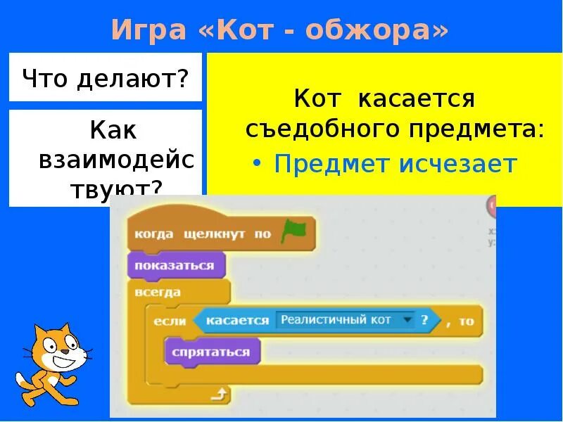 Скретч презентация. Scratch кот Обжора. Кот Обжорка скретч. Робототехника презентация в скретч.