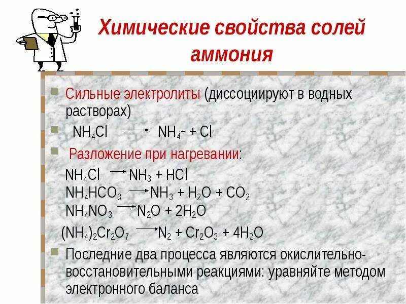 Разложение хлорида аммония относят. Физ св солей аммония. Химические свойства солей аммония. Соли аммония химические свойства. Свойства солей аммония.