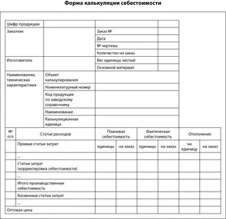 Калькуляция себестоимости продукции услуг