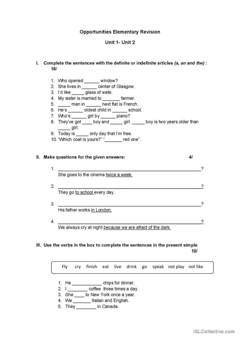 Учебник opportunities Elementary. Elementary Unit Test 2. Тест Elementary. Revision unit 1