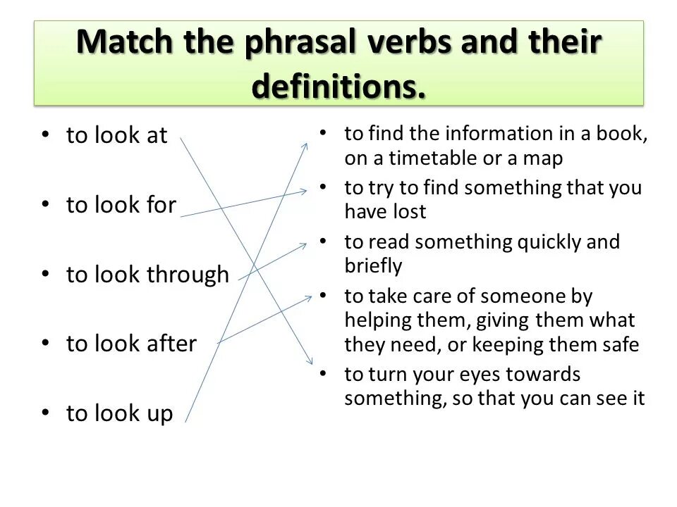 Match the Phrasal verbs to their Definitions. Match the Phrasal verbs with their Definitions. Phrasal verbs and Match them to their Definitions. Match the Phrasal verbs with the Definitions..