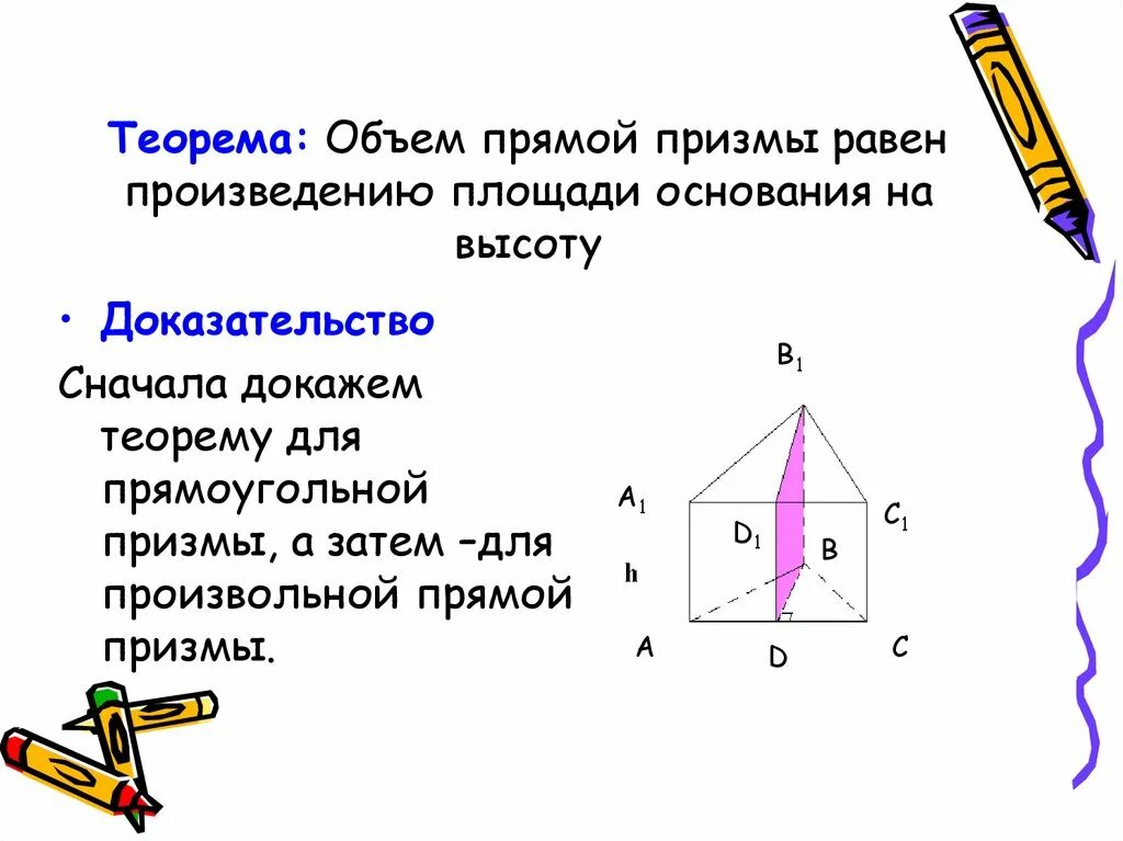 Произведению площади основания на высоту. Теорема призмы. теорема прямой призмы. доказательство теоремы призмы. объем прямой призмы равен произведению площади основания на высоту.