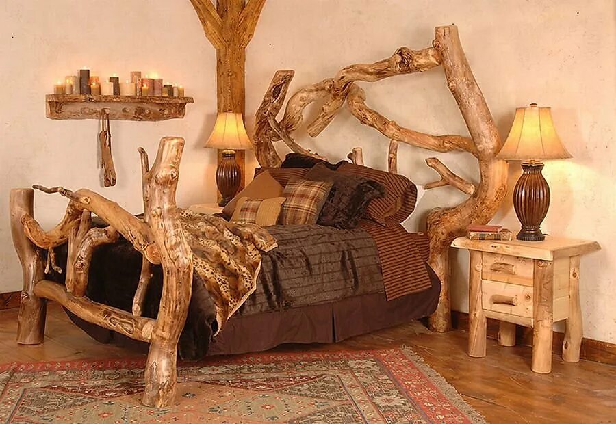 Весел мебель. Кровать из коряг. Необычная мебель. Мебель из стволов деревьев. Необычные изделия из дерева для интерьера.
