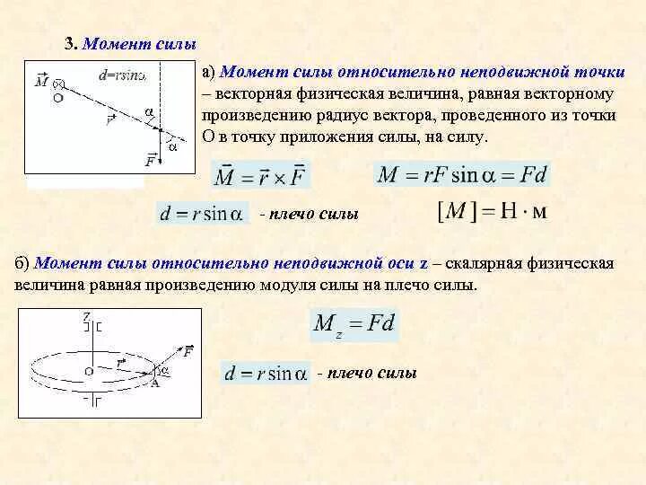 Через момент. Формула момента силы с радиус вектором. Момент силы относительно неподвижной точки. Векторный момент силы относительно т. Момент силы векторное произведение.