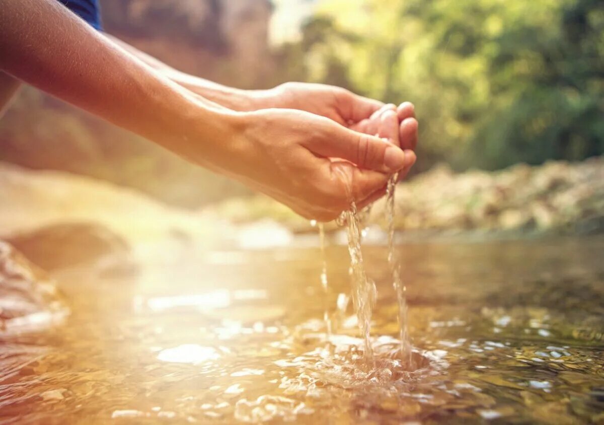 Прикосновение к воде. Вода в руках. Вода в ладонях. Девушка пьет воду из родника.