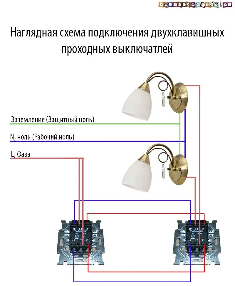 Схема двухклавишного проходного выключателя с 2 мест. Схема расключения проходного двухклавишного выключателя с двух мест. Схема подключения 2 двухклавишных проходных выключателей. Схема подключения двухклавишных проходных выключателей из 2-х.