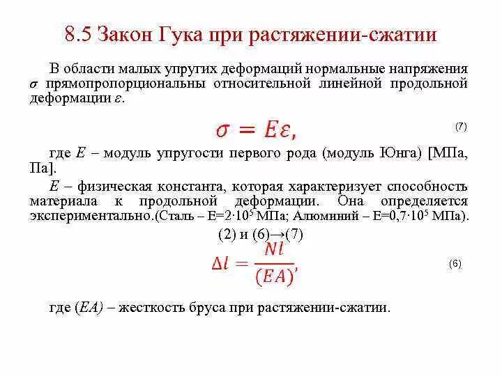 Закон сопромата. Закон Гука при растяжении и сжатии модуль продольной упругости. Закон Гука модуль продольной упругости. Закон Гука для деформации растяжения сжатия. Закон Гука сопромат.