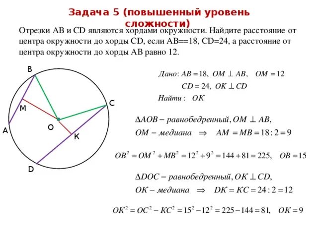 Как найти расстояние от хорды до окружности. Отрезок от центра окружности до хорды. Задачи на хорды в окружности. Хорда окружности АВ И СД. Решение задач по геометрии.