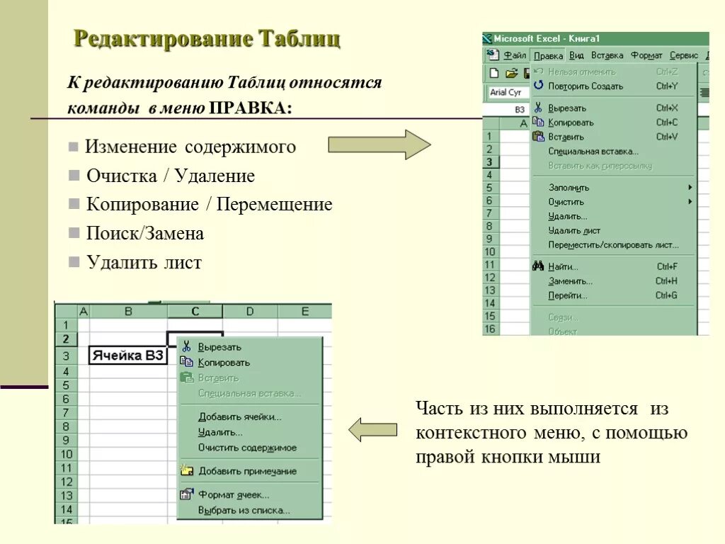 Средства редактирования таблиц в excel. Команды excel таблица. Основные команды меню правка. Редактирование таблиц эксель средства.