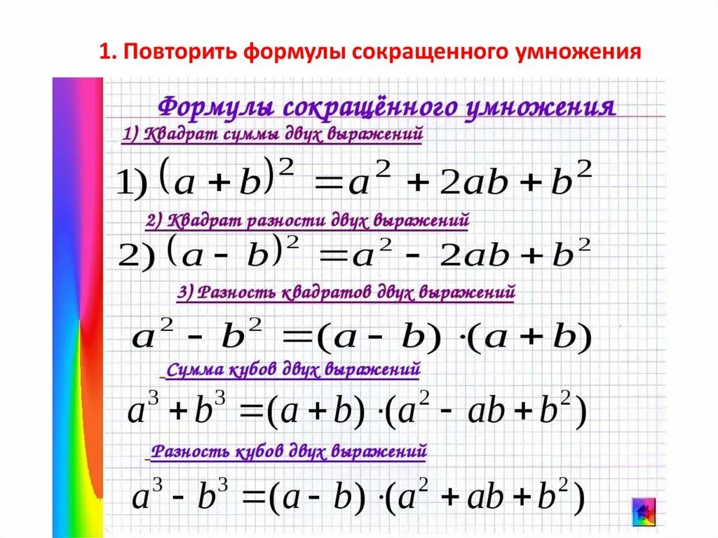 Преобразование разности в произведение. Формулы сокращенного умножения 7 класс. Алгебра 7 формулы сокращенного умножения. Формулы сокращения 7 класс. Формулы сокращенного умножения 7 класс Алгебра формулировка.