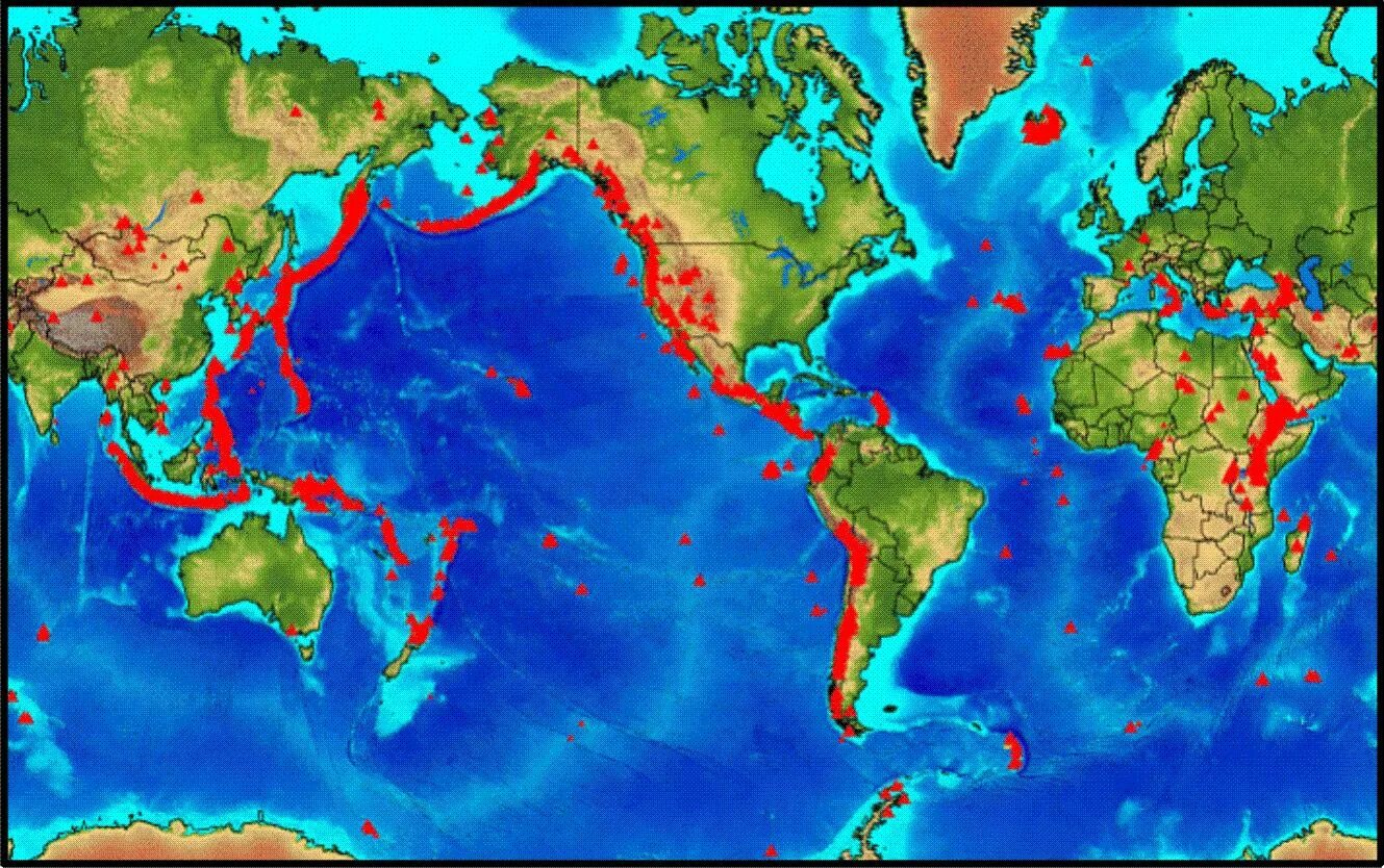 Тихоокеанское вулканическое огненное кольцо. Карта извержений вулканов. Страны в которых есть вулканы