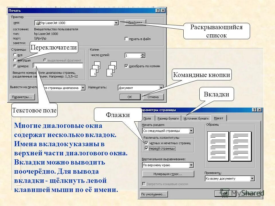 Диалоговое окно печати. Названия элементов диалогового окна. Элементы управления диалогового окна. Названия элементов управления диалогового окна печать. Перечислите управляющие элементы диалогового окна..