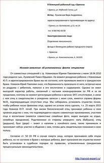 Образец заявления об установлении факта признания отцовства