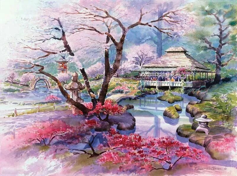 садово парковое искусство японии тянива. японский сад изо 4 класс. японский сад рисовать. изображаем японский сад 4 класс. японский пейзаж акварелью.