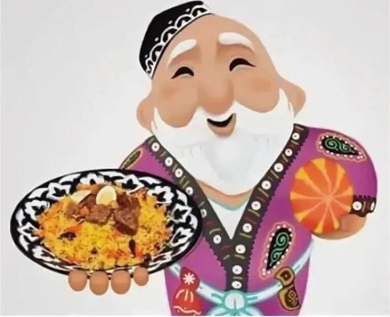 Чайхана узбеков. Узбекский повар. Узбекский дедушка с пловом. Узбекские иллюстрации.
