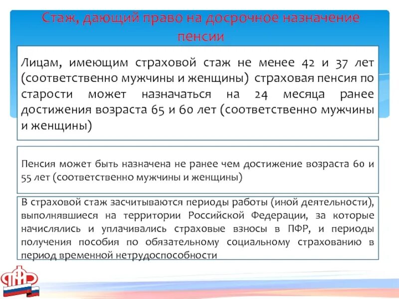 Виды досрочной страховой пенсии по старости. Досрочное Назначение страховой пенсии по старости. Право на досрочное пенсионное обеспечение. Право на досрочную страховую пенсию. Страховой стаж для назначения пенсии по старости.